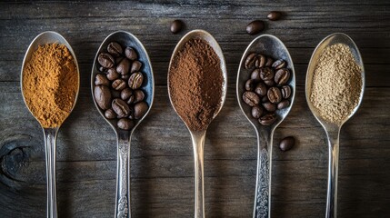 Poster - A close-up of four spoons, each with a different type of ground coffee, showcasing various coffee beans and powders in a rustic setting.