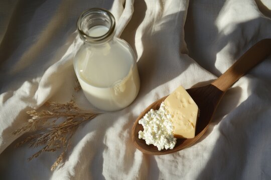 Milk and cheese on the table, a close-up photo of various milk products such as a glass bottle with milk