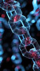 Poster - Close-up of a translucent chain, links glowing blue and red, against a blurred background of similar chains, suggesting connection, security, or network concept