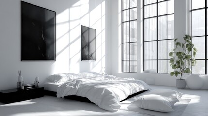Poster - A contemporary black-and-white loft bedroom with minimalist decor, large windows, and a peaceful, stylish atmosphere.