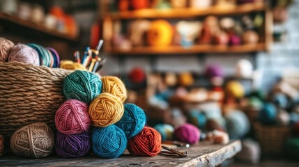Poster - A creative workspace with colorful yarn balls on a wooden table, with a cozy atmosphere filled with crafting tools and materials.