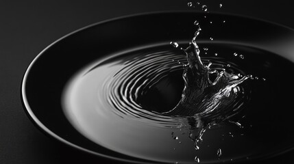 Poster - A delicate water droplet splashes on a black plate, surrounded by clean, minimalist lines and high contrast for a modern aesthetic.