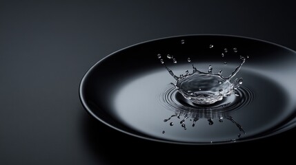 Poster - A delicate water droplet splashes on a black plate, surrounded by clean, minimalist lines and high contrast for a modern aesthetic.