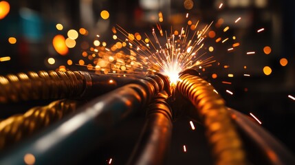 Aufkleber - A detailed shot of welding cables in the process of connecting, with bright sparks illuminating the dark workshop environment.