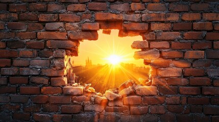 Poster - A dramatic sunset breaks through a broken brick wall, symbolizing a new era of hope, strength, and transformation after adversity