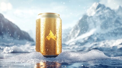Poster - A golden beer can sitting on ice amidst snow-covered mountains, capturing the contrast between the cold ice and the warm golden can.