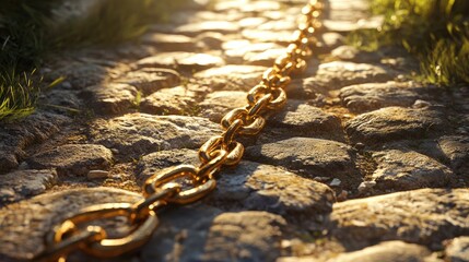 Poster - A golden chain resting on a rustic stone pathway, with sunlight highlighting the links, evoking a sense of luxury and warmth.