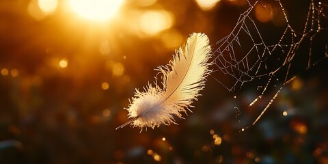 Wall Mural - Feather in Spiderweb: Delicate Quill Caught in a Silken Trap.
