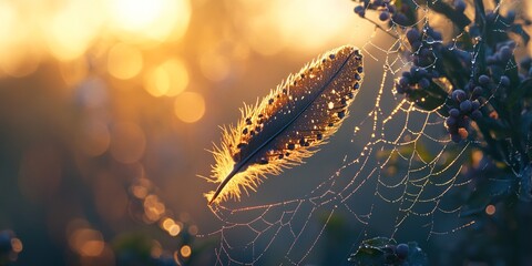 Wall Mural - Feather in a Spiderweb: Delicate Balance, Nature's Trap, and a Moment of Stillness.
