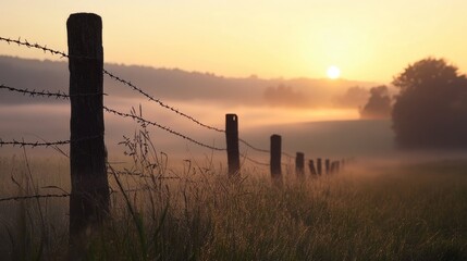 Aufkleber - A misty rural scene with a barbed wire fence in the foreground, as the dawn light slowly brightens the landscape.