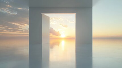 Aufkleber - A peaceful sunrise reflected gently in a minimalist room, with an open doorway framing the natural light in a serene, calming atmosphere.