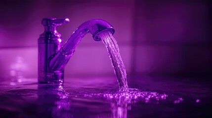 Poster - A purple faucet pours glowing water in a dark, moody space, blending surreal lighting and rich color for a dramatic visual impact.