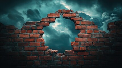 Poster - A red brick wall cracked open with a hole, symbolizing resilience and transformation, set against a dark, dramatic sky.