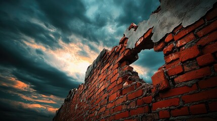 Poster - A red brick wall with a hole, signifying a breakthrough or destruction, set against an intense, moody sky with dark clouds.