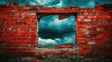 Poster - A red brick wall with a hole, signifying a breakthrough or destruction, set against an intense, moody sky with dark clouds.