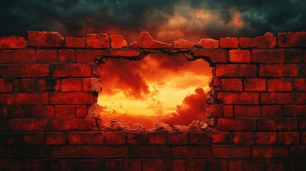 Poster - A red brick wall with a hole, signifying a breakthrough or destruction, set against an intense, moody sky with dark clouds.