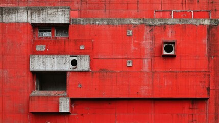 Poster - A red concrete building in decay, featuring bold geometric architecture, reflecting the passage of time and the raw power of urban landscapes.