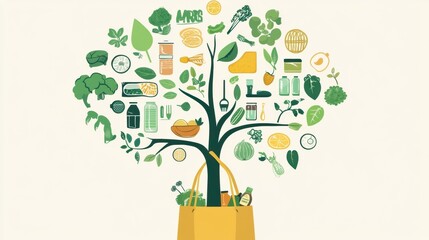 Aufkleber - Conceptual illustration of a tree emerging from a grocery bag with food icons as leaves promoting eco-friendly practices in modern art