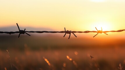 Poster - A rural landscape featuring a barbed wire fence at dawn, with the warm colors of sunrise contrasting with the harshness of the fence.