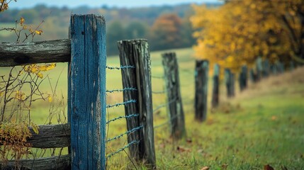 Poster - A rustic scene featuring weathered blue wire fence posts, surrounded by nature and open space, offering a peaceful countryside vibe.