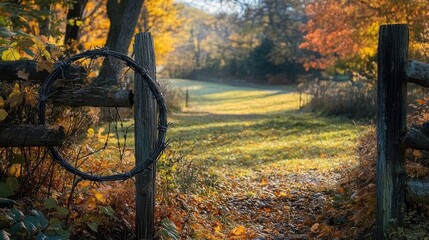 Poster - A rustic spring-ring fence with barbed wire in an autumn garden, showcasing the beauty of the fall season with its warm colors.