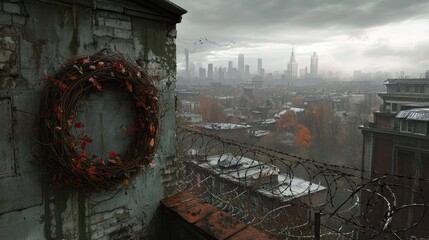 Aufkleber - A rusty rooftop with a wreath and barbed wire, with a vast city skyline in the distance, creating a contrast between nature and urban decay.