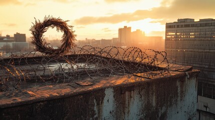 Aufkleber - A rusty, weathered rooftop featuring a wreath and barbed wire, with a cityscape backdrop, giving a raw, industrial vibe.
