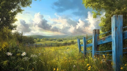 Aufkleber - A serene countryside scene with blue wire fence posts, weathered by time, standing out against the backdrop of nature's beauty.