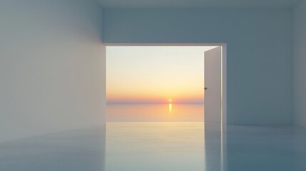 Poster - A serene sunrise softly reflected in a minimalist room, with an open doorway inviting natural light and peace into the space.