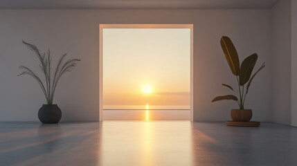 Poster - A serene sunrise spills through an open doorway, reflected softly in a minimalist room, creating a peaceful and calm ambiance.