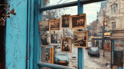 Poster - A set of vintage photos hanging in front of a blue window, offering a glimpse into the past with a city street scene outside.