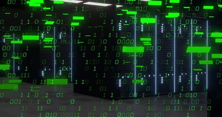 Poster - In data center, binary code animation moving over servers, creating digital effect