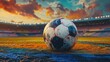 © Natchooda - A soccer ball placed on the field, surrounded by a painted, energetic stadium scene, symbolizing the excitement of the upcoming game