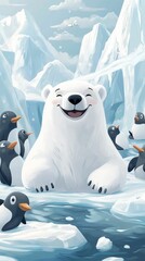 Wall Mural - Happy polar bear surrounded by curious penguins in icy landscape.