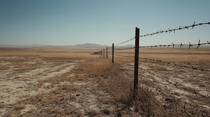 Aufkleber - A solitary barbed wire fence in the midst of an empty space, invoking thoughts of boundaries and isolation.