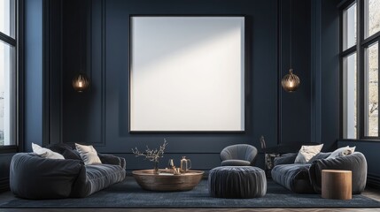 Poster - A sophisticated navy blue living room featuring a large blank frame, ready for a piece of artwork, with plush seating and minimalistic style.
