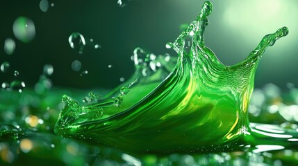 Poster - A splash of fresh green liquid pouring from an open bottle in a studio setting, frozen in fluid motion, symbolizing vitality and freshness.