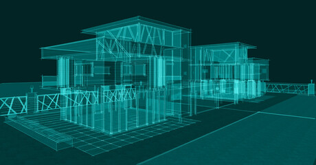 Poster -  modern townhouse sketch 3d illustration