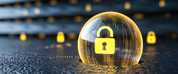 Glass sphere with glowing padlock inside, on dark textured surface, symbolizing data security and protection, digital safety concept