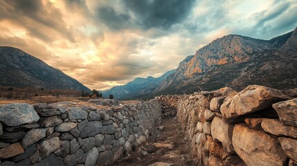 Aufkleber - A stone wall with intricate textures, set against a towering mountain range under a dramatic sky, highlighting the power of nature.