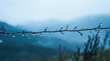 Poster - A string of dew-covered drops in the misty mountain air, capturing the tranquility of early morning in the mountains.
