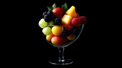 Poster - A studio image of a glass goblet overflowing with a variety of colorful fruits, capturing the essence of freshness and health.