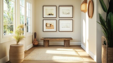 Poster - A stylish beige boho entryway with framed artwork on the walls, creating a peaceful, eclectic atmosphere filled with natural light.