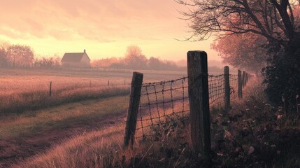 Poster - A tranquil rural setting with a barbed wire fence at dawn, the soft morning light gently illuminating the fence and surrounding fields.