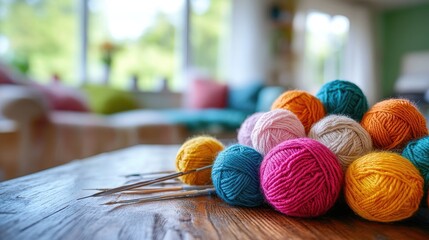 Poster - A variety of colorful yarn balls scattered across a wooden table in a bright, cozy craft room, with needles and crochet hooks ready for use.
