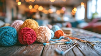 Poster - A variety of colorful yarn balls scattered across a wooden table in a bright, cozy craft room, with needles and crochet hooks ready for use.
