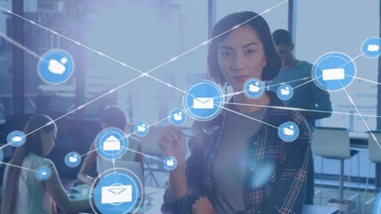 Poster - In office, businesswoman interacting with digital network animation and data icons