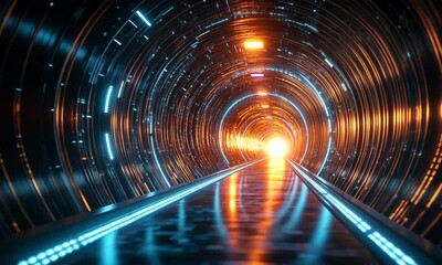 Poster - Futuristic Data Stream Tunnel with Glowing Neon Lights and Reflections on Surface