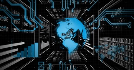 Poster - Digital world map and data charts with futuristic technology interface animation