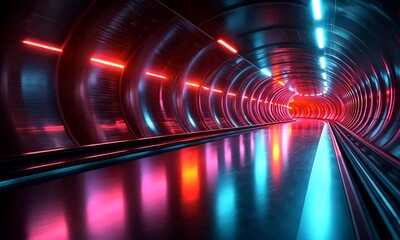 Poster - Abstract futuristic neon light tunnel with fast speed motion effect and reflections